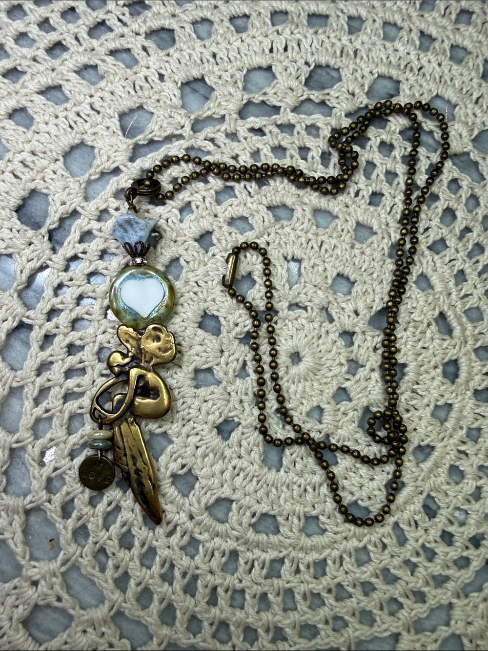 Antique Gold fairy Wing Pendant 26” Necklace with White Glass Accent